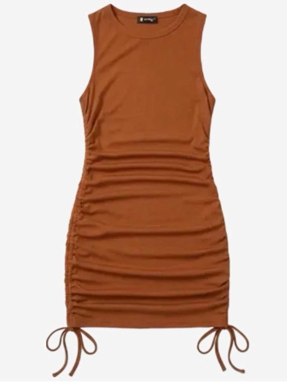 Sleeveless Ruched Tie-Hem Mini Dress in Rust